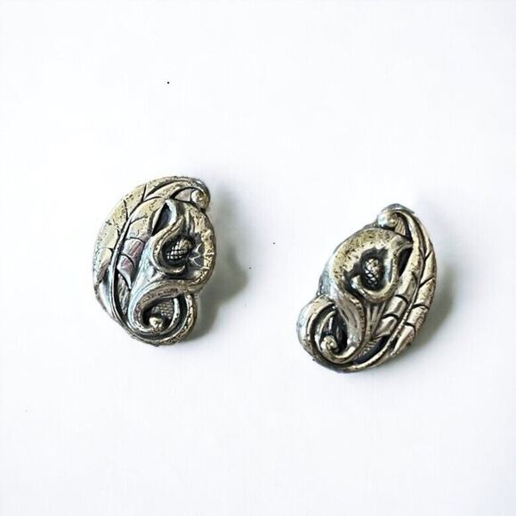 Vintage Stamped Sterling Silver Lily Calla Screw Back Earrings Leaf Flowers - Picture 2 of 7